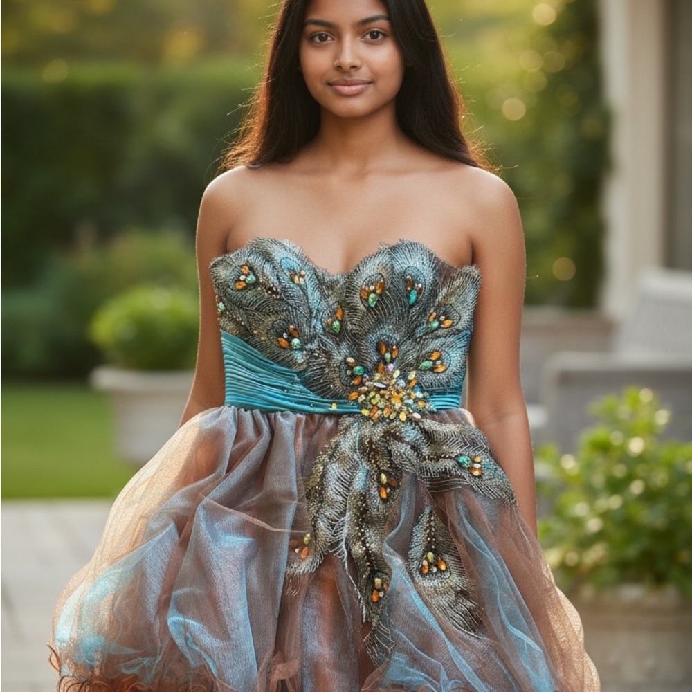 Elegant Strapless Dress with Peacock Feather Design